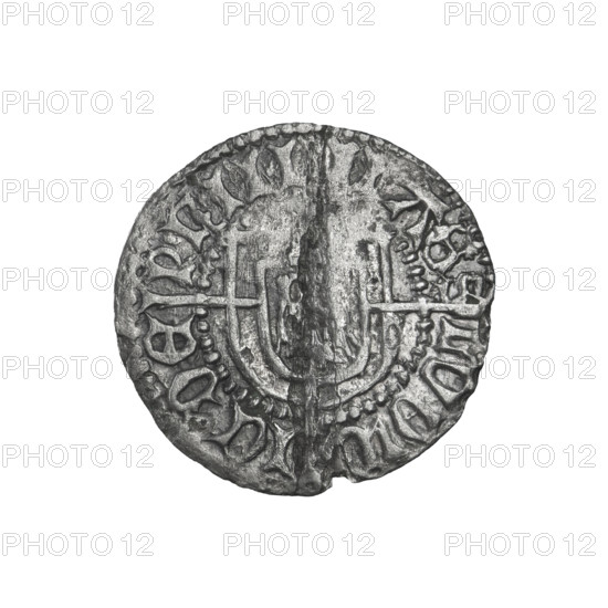 Teutonic szelag, Ludwik von Erlichshausen (Grand Master; 1450–1467). Obverse: Monastic shield of the Grand Master with a cross whose elongated, widening arms divide the rim legend and reach the outer rim. On the rim, between the pearly borders, an inscription. Reverse: Monastic shield with a cross with elongated arms dividing the rim legend and reaching the outer rim. In the rim between the pearl borders there is an inscription, 1450–1453. State of the Teutonic Order (1226–1525), Torun. Coin; diameter 20.6 mm; weight 1.28 g; axis 330°.