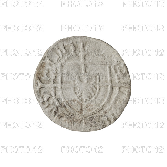 Teutonic szelag, Konrad von Erlichshausen (Grand Master; 1441–1449). Obverse: monastic shield of the Grand Master with a cross whose elongated, widening arms divide the rim legend and reach the outer rim; rim between pearl borders with inscription. Reverse: monastic shield with a cross with elongated arms dividing the rim legend and reaching the outer rim; rim between pearly borders with inscription. Date on coin: 1442–1449. State of the Teutonic Order (1226–1525). Torun; coin; diameter 19.9 mm; weight 1.45 g; axis 180°.