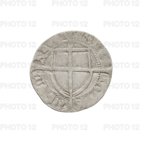 Teutonic szelag, Konrad von Erlichshausen (Grand Master; 1441–1449). Obverse: monastic shield of the Grand Master with a cross whose elongated, widening arms divide the rim legend and reach the outer rim; on the rim, between the pearly borders, an inscription. Reverse: monastic shield with a cross with elongated arms dividing the rim legend and reaching the outer rim; in the rim between the pearl borders there is an inscription. Date: 1442–1449. State of the Teutonic Order (1226–1525). Torun. Coin; diameter 19.9 mm; weight 1.45 g; axis 180°.