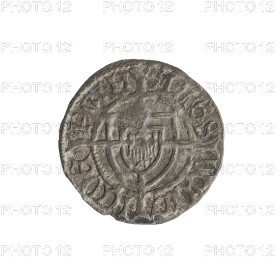 Teutonic szelag, Ludwik von Erlichshausen (Grand Master; 1450–1467), cross with elongated arms, Teutonic shield, monastic shield of the Grand Master, Teutonic Knights (order). Obverse: Monastic shield of the Grand Master with a cross whose elongated, widening arms divide the rim legend and reach the outer rim; on the rim, between the pearly borders, the inscription. Reverse: Monastic shield with a cross with elongated arms dividing the rim legend and reaching the outer rim; in the rim between the pearl borders there is an inscription. Date: 1450–1453. State of the Teutonic Order (1226–1525), Torun. Coin; diameter 20 mm; weight 1.15 g; axis 330°.