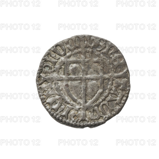 Teutonic szelag, Ludwik von Erlichshausen (Grand Master; 1450–1467), cross with elongated arms, Teutonic shield, monastic shield of the Grand Master, Teutonic Knights (order). Obverse: monastic shield of the Grand Master with a cross whose elongated, widening arms, dividing the rim legend, reach the outer rim; on the rim, between the pearl borders, the inscription. Reverse: monastic shield with a cross with elongated arms dividing the rim legend and reaching the outer rim; in the rim between the pearl borders there is an inscription. 1450–1453, State of the Teutonic Order (1226–1525), Torun, coin; diameter 20 mm, weight 1.15 g, axis 330°.