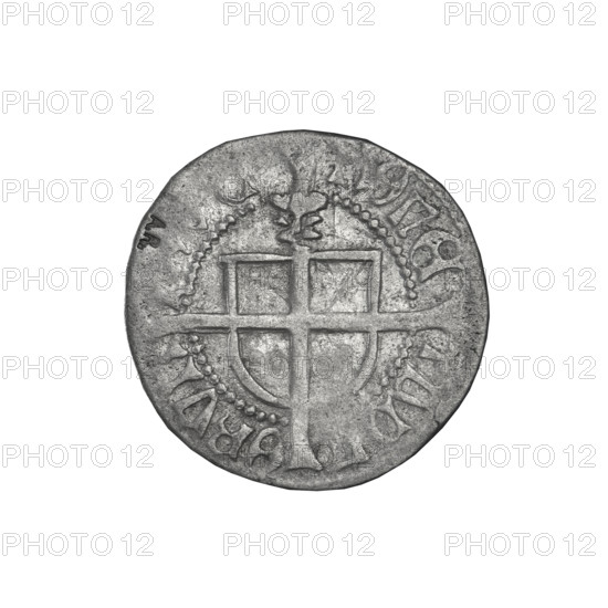 Teutonic szelag, Ludwik von Erlichshausen (Grand Master; 1450–1467). Obverse: Monastic shield of the Grand Master with a cross whose elongated, widening arms divide the rim legend and reach the outer rim; in the rim, between the pearly borders, the inscription. Reverse: Teutonic shield with a cross with elongated arms dividing the rim legend and reaching the outer border; a rose above the shield; in the rim, between the pearly borders, the inscription. Date: 1450–1456. State of the Teutonic Order (1226–1525), Malbork. Coin, diameter 20 mm, weight 1.52 g, axis 180°. AR mark. Teutonic Knights (order).