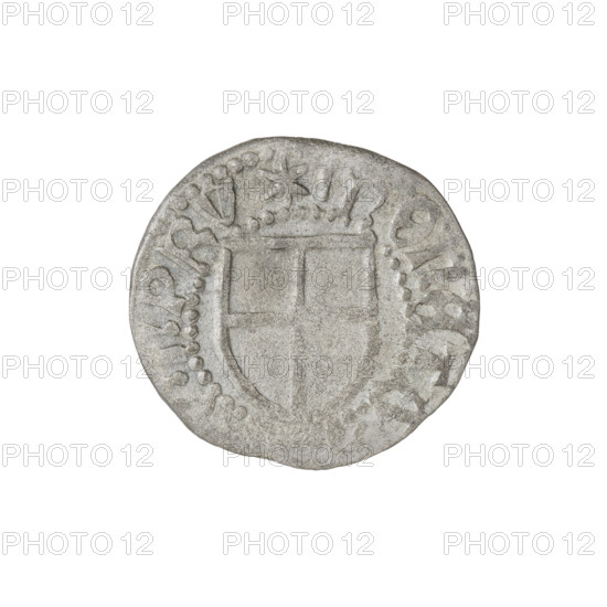 Teutonic szelag, Ludwig von Erlichshausen (Grand Master; 1450–1467). Obverse: monastic shield of the Grand Master; eagle facing left; in the rim between pearly borders, an inscription. Reverse: monastic shield; in the rim between the pearly borders, an inscription; date 1456–1457. Teutonic Order (1226–1525), Königsberg. Coin. Diameter 19.2–19.4 mm, weight 1.48 g, axis 90°.