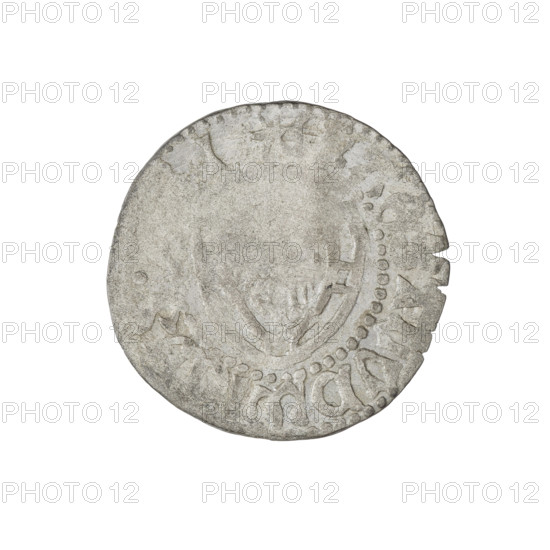 Teutonic szelag, Ludwig von Erlichshausen (Grand Master; 1450–1467). Obverse: Teutonic shield of the Grand Master; eagle facing left; in the rim, between the pearly borders, an inscription. Reverse: Teutonic shield; in the rim, between the pearly borders, an inscription; 1456–1457. State of the Teutonic Order (1226–1525), Königsberg. Coin; diameter 20.9 mm; weight 1.45 g; axis 0°.