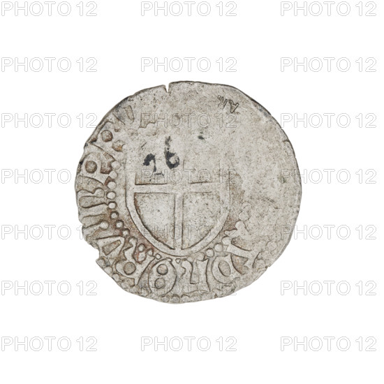 Teutonic szelag, Ludwik von Erlichshausen (Grand Master; 1450–1467), Teutonic shield (iconographic), eagle facing left (iconographic), monastic shield of the Grand Master (iconographic), AR mark. Obv.: Monastic shield of the Grand Master; eagle facing left; on the rim between the pearl borders the inscription. Rev.: Monastic shield; on the rim between the pearl borders the inscription 1450–1467. State of the Teutonic Order (1226–1525), Königsberg; coin; diameter 20.1 mm; weight 1.25 g; axis 225°.