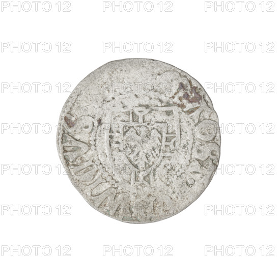 Teutonic szelag, Ludwig von Erlichshausen (Grand Master; 1450–1467). Obverse: Teutonic shield of the Grand Master; in the rim between the pearly borders, an inscription. Reverse: Teutonic shield; in the rim between the pearly borders, an inscription, 1456–1457. State of the Teutonic Order (1226–1525). Königsberg. Coin; diameter 20 mm, weight 1.15 g, axis 330°.
