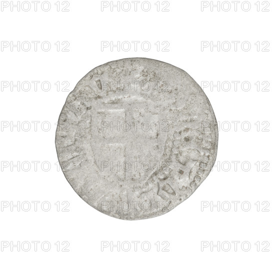 Teutonic szelag, Ludwig von Erlichshausen (Grand Master; 1450–1467). Obverse: Teutonic shield of the Grand Master; in the rim between pearly borders, an inscription. Reverse: Teutonic shield; in the rim between pearly borders, an inscription. Date: 1456–1457. State of the Teutonic Order (1226–1525). Mint: Königsberg. Coin. Diameter 20 mm; weight 1.15 g; axis 330°.