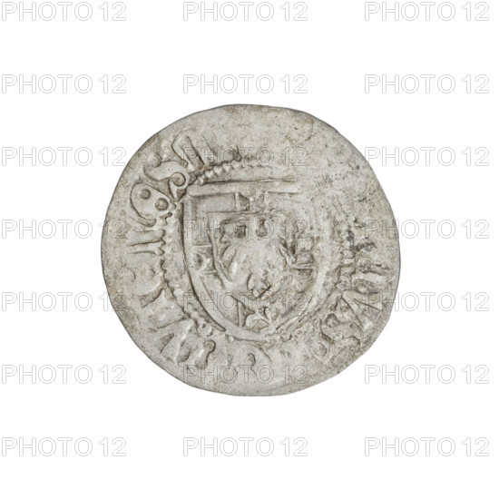 Teutonic szelag, Henryk Reuss von Plauen (Grand Master; 1467–1469); Teutonic shield (iconographic); monastic shield of the Grand Master (iconographic) on the obverse; cross above the shield (iconographic) on the reverse. Obverse: monastic shield of the Grand Master with inscription on the rim between pearl borders. Reverse: monastic shield with a cross above the shield and an inscription in the rim between the pearl borders. Date: 1467–1469. State of the Teutonic Order (1226–1525), Königsberg. Coin; diameter 20.1–20.3 mm; weight 1.42 g; axis 135°.