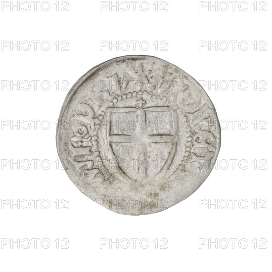 Teutonic szelag, Henryk Reuss von Plauen (Grand Master; 1467–1469). Obverse: monastic shield of the Grand Master; on the rim, between the pearl borders, an inscription. Reverse: monastic shield with a cross above the shield; in the rim between the pearl borders an inscription. Date: 1467–1469. Issued by the State of the Teutonic Order (1226–1525), Königsberg. Coin, diameter 20.1–20.3 mm, weight 1.42 g, axis 135°.