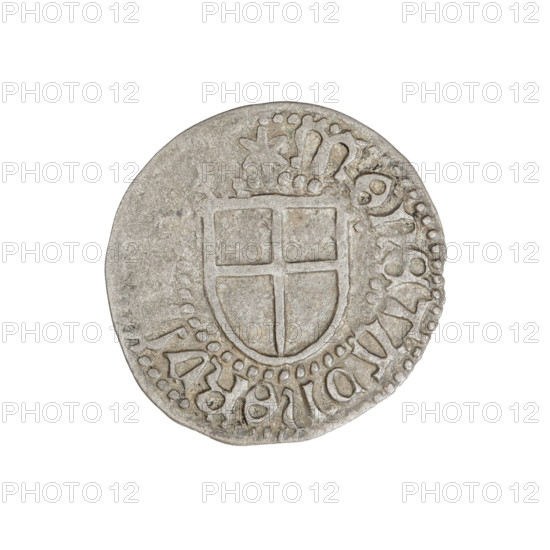 Teutonic szelag, Ludwik von Erlichshausen (Grand Master; 1450–1467), monastic shield of the Grand Master (iconographic), Teutonic shield (iconographic), Teutonic Knights (order). Obv. Monastic shield of the Grand Master. On the rim, between the pearl borders, the inscription. Rev. Monastic shield. On the rim between the pearl borders there is an inscription, 1456–1457. State of the Teutonic Order (1226–1525), Königsberg; coin; diameter 21.5 mm; weight 1.45 g; axis 90 degrees.
