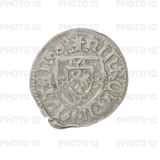 Teutonic szelag, Henryk Reuss von Plauen (Grand Master; 1467–1469); Teutonic shield (iconographic); monastic shield of the Grand Master (iconographic). Obverse: monastic shield of the Grand Master. On the rim, between the pearl borders, the inscription. Reverse: monastic shield. In the rim between the pearl borders there is an inscription, 1467–1469. State of the Teutonic Order (1226–1525), Königsberg. Coin; diameter 22.2 mm; weight 1.39 g; axis 225°.