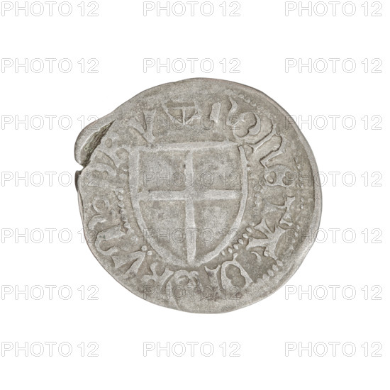 Teutonic szelag, Henryk Reuss von Plauen (Grand Master; 1467–1469); Teutonic shield (iconographic); monastic shield of the Grand Master (iconographic). Obverse: monastic shield of the Grand Master. On the rim, between the pearl borders, the inscription. Reverse: monastic shield; in the rim between the pearl borders there is an inscription, 1467–1469. State of the Teutonic Order (1226–1525), Königsberg. Coin; diameter 22.2 mm; weight 1.39 g; axis 225°.