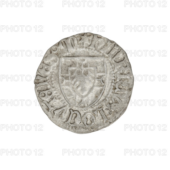 Teutonic szelag, Henryk Reuss von Plauen (Grand Master; 1467–1469), Teutonic shield (iconographic), monastic shield of the Grand Master (iconographic). Obverse: Monastic shield of the Grand Master; on the rim, between the pearl borders, the inscription. Reverse: Monastic shield; in the rim between the pearl borders there is an inscription, 1467–1469. State of the Teutonic Order (1226–1525), Königsberg. Coin, diameter 20 mm, weight 1.38 g, axis 45°.