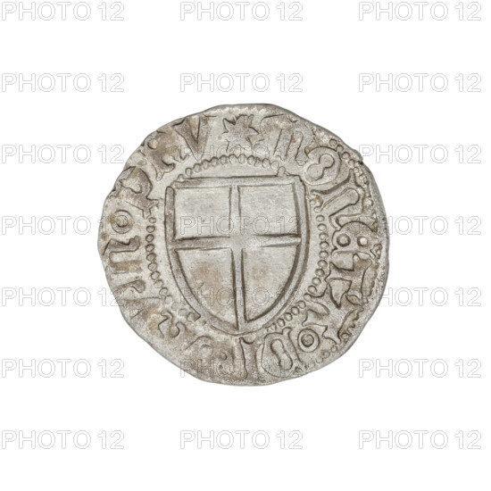 Teutonic szelag, Henryk Reuss von Plauen (Grand Master; 1467–1469); Teutonic shield (iconographic); monastic shield of the Grand Master (iconographic). Obverse: monastic shield of the Grand Master. On the rim, between the pearl borders, the inscription. Reverse: monastic shield. In the rim between the pearl borders there is an inscription, 1467–1469. State of the Teutonic Order (1226–1525), Königsberg; coin; diameter 20 mm; weight 1.38 g; axis 45 degrees.