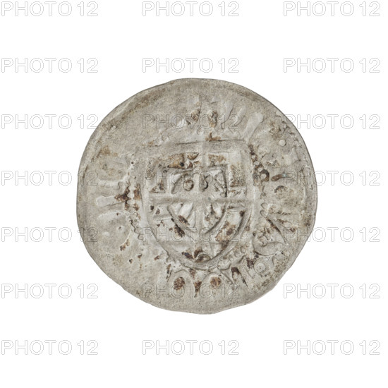 Teutonic szelag, Henryk Reuss von Plauen (Grand Master; 1467–1469). Obverse: Teutonic shield of the Grand Master; in the rim between pearly borders, an inscription. Reverse: Teutonic shield; in the rim between pearly borders, an inscription. Date: 1467–1469. State of the Teutonic Order (1226–1525), Königsberg. Coin; diameter 20.9 mm; weight 1.10 g; axis 180°.