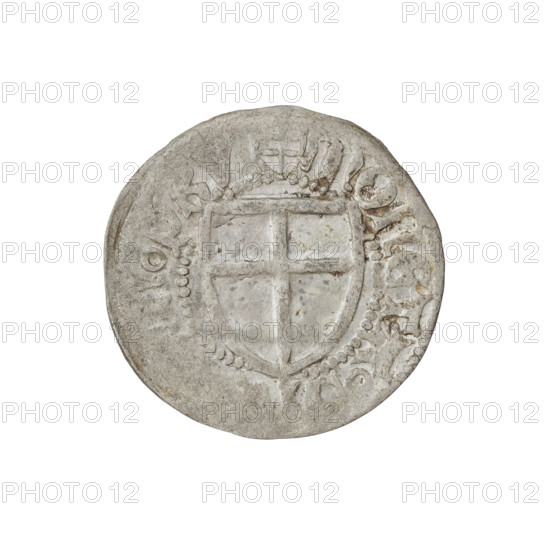 Teutonic szelag, Henryk Reuss von Plauen (Grand Master; 1467–1469). Obverse: Teutonic shield of the Grand Master; in the rim, between pearly borders, an inscription. Reverse: Teutonic shield; in the rim, between pearly borders, an inscription. Date: 1467–1469. State of the Teutonic Order (1226–1525), Königsberg. Coin; diameter 20.9 mm; weight 1.10 g; axis 180°.