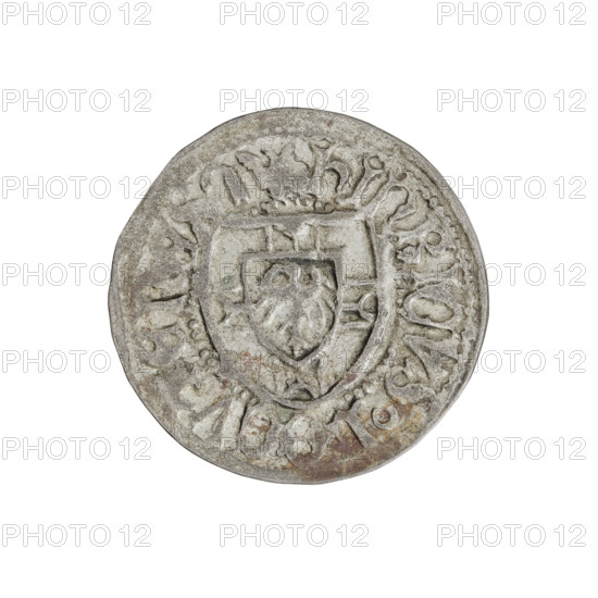 Teutonic szelag, Henryk Reuss von Plauen (Grand Master; 1467–1469). Obverse: Teutonic shield of the Grand Master; in the rim, between the pearly borders, an inscription. Reverse: Teutonic shield; in the rim, between the pearly borders, an inscription. Date: 1467–1469. State of the Teutonic Order (1226–1525), Königsberg. Coin. Diameter 21.0–21.2 mm, weight 1.17 g, axis 270°.