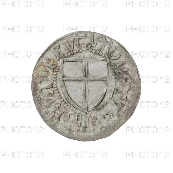 Teutonic szelag, Henryk Reuss von Plauen (Grand Master; 1467–1469). Obverse: Teutonic shield of the Grand Master; in the rim, between pearly borders, an inscription. Reverse: Teutonic shield; in the rim, between pearly borders, an inscription, 1467–1469. State of the Teutonic Order (1226–1525), Königsberg. Coin; diameter 21.0–21.2 mm, weight 1.17 g, axis 270°.