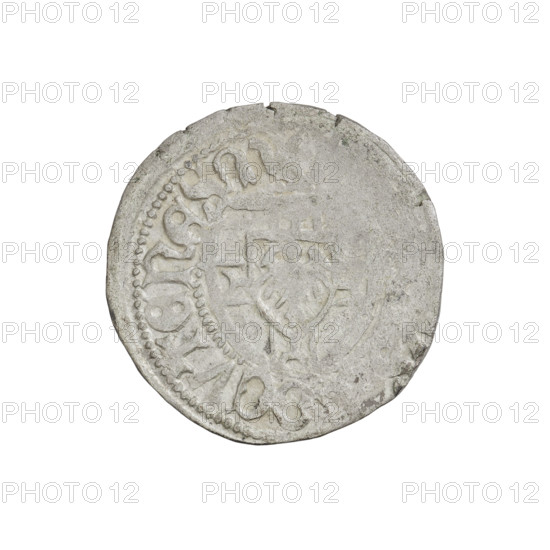 Teutonic szelag, Henryk Reuss von Plauen (Grand Master; 1467–1469). Obverse: Teutonic shield of the Grand Master; in the rim, between the pearly borders, an inscription. Reverse: Teutonic shield; in the rim, between the pearly borders, an inscription, 1467–1469. State of the Teutonic Order (1226–1525), Königsberg. Coin; diameter 21 mm, weight 1.54 g, axis 10°.