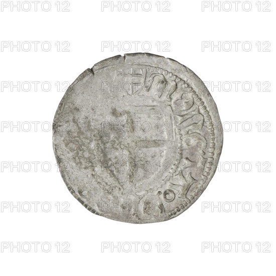 Teutonic szelag, Henryk Reuss von Plauen (Grand Master; 1467–1469). Obverse: Teutonic shield of the Grand Master; in the rim between the pearly borders, an inscription. Reverse: Teutonic shield; in the rim between the pearly borders, an inscription, 1467–1469. State of the Teutonic Order (1226–1525), Königsberg. Coin; diameter 21 mm, weight 1.54 g, axis 10°.