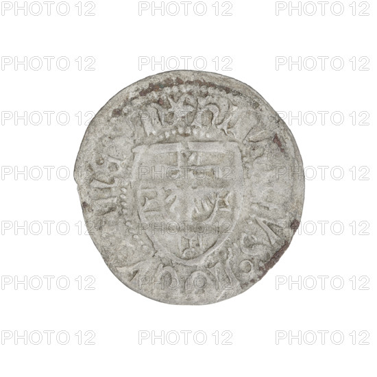 Teutonic szelag, Henryk Reuss von Plauen (Grand Master; 1467–1469). Obverse: Teutonic shield of the Grand Master; in the rim, between the pearly borders, an inscription. Reverse: Teutonic shield; in the rim, between the pearly borders, an inscription. Date: 1467–1469. State of the Teutonic Order (1226–1525), Königsberg. Coin; diameter 20.9 mm; weight 1.14 g; axis 180°.