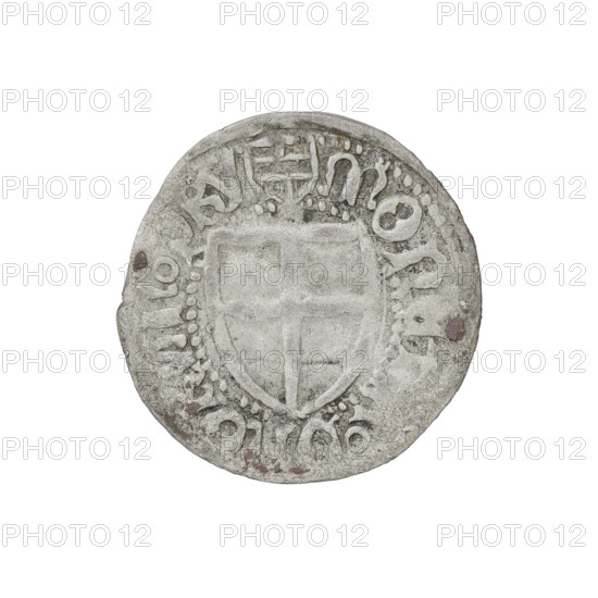 Teutonic szelag, Henryk Reuss von Plauen (Grand Master; 1467–1469). Obverse: Teutonic shield of the Grand Master; in the rim between pearly borders an inscription. Reverse: Teutonic shield; in the rim between pearly borders an inscription, 1467–1469. Teutonic Knights (order). Königsberg mint. Coin; diameter 20.9 mm; weight 1.14 g; axis 180°.