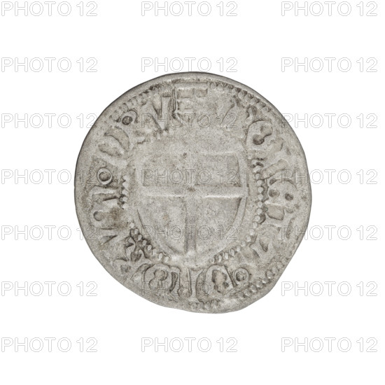 Teutonic szelag, Henryk Reuss von Plauen (Grand Master; 1467–1469). Obverse: monastic shield of the Grand Master (iconographic). Reverse: monastic shield. On the rim, between the pearl borders, the inscription. Date: 1467–1469. State of the Teutonic Order (1226–1525), Königsberg. Coin; diameter ~21.4–21.6 mm, weight 1.10 g, axis 100°.