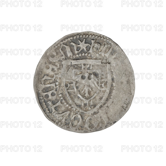 Teutonic szelag, Henryk Reuss von Plauen (Grand Master; 1467–1469), Teutonic shield (iconographic), monastic shield of the Grand Master (iconographic), AR punch (twice on the obverse), Teutonic Knights (order), Obv. Monastic shield of the Grand Master. On the rim, between the pearl borders, the inscription. Reverse. Monastic shield. In the rim between the pearl borders there is an inscription, 1467–1469, State of the Teutonic Order (1226–1525), Königsberg, coin, diameter 20.7 mm, weight 1.28 g, axis 60 degrees.