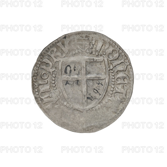 Teutonic szelag, Henryk Reuss von Plauen (Grand Master; 1467–1469), Teutonic shield (iconographic), monastic shield of the Grand Master (iconographic), AR punch (twice on the obverse), Teutonic Knights (order). Obv.: Monastic shield of the Grand Master. On the rim, between the pearl borders, the inscription. Rev.: Monastic shield. In the rim between the pearl borders there is an inscription. 1467–1469. State of the Teutonic Order (1226–1525), Königsberg. Coin; diameter 20.7 mm; weight 1.28 g; axis 60°.