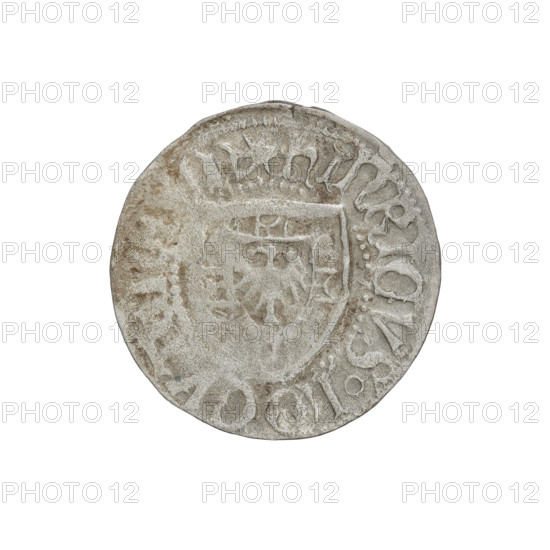 Teutonic szelag, Henryk Reuss von Plauen (Grand Master; 1467–1469). Obv.: Teutonic shield of the Grand Master; in the rim between pearly borders, an inscription. Rev.: Teutonic shield; in the rim between pearly borders, an inscription. Date: 1467–1469. State of the Teutonic Order (1226–1525), Königsberg. Coin, diameter 20.7 mm, weight 1.36 g, axis 225°.