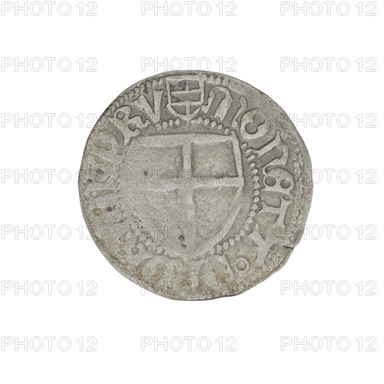 Teutonic szelag, Henryk Reuss von Plauen (Grand Master; 1467–1469). Obverse: Teutonic shield of the Grand Master; in the rim between pearly borders, an inscription. Reverse: Teutonic shield; in the rim between pearly borders, an inscription. Date 1467–1469. State of the Teutonic Order (1226–1525), Königsberg. Coin; diameter 20.7 mm; weight 1.36 g; axis 225°.