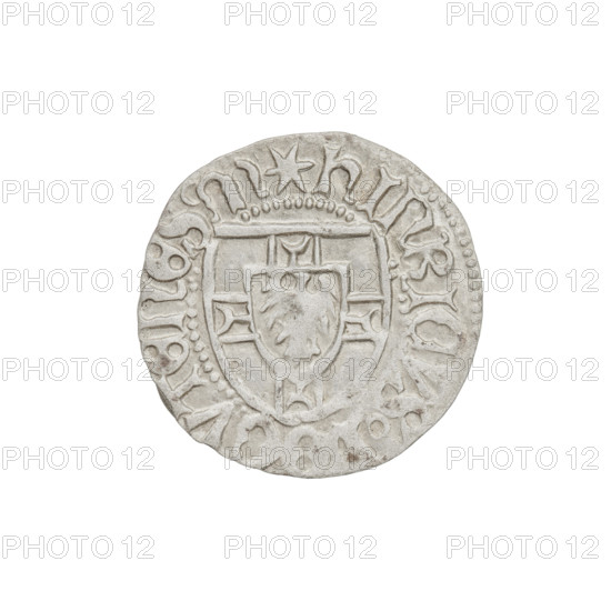 Teutonic szelag, Henryk Reuss von Plauen (Grand Master; 1467–1469). Obverse: Teutonic shield of the Grand Master (iconographic); rim inscription between pearly borders. Reverse: Teutonic shield (iconographic); rim inscription between pearly borders. Inscription date 1467–1469. Teutonic Knights (order). Königsberg mint. Coin; diameter 19.3 mm; weight 1.39 g; axis 150°.