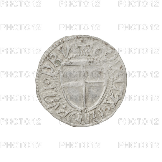 Teutonic szelag, Henryk Reuss von Plauen (Grand Master; 1467–1469). Obverse: Teutonic shield of the Grand Master (iconographic); in the rim, between the pearly borders, an inscription. Reverse: Teutonic shield (iconographic); in the rim, between the pearly borders, an inscription. Inscribed date 1467–1469. State of the Teutonic Order (1226–1525), Königsberg. Coin; diameter 19.3 mm, weight 1.39 g, axis 150°.