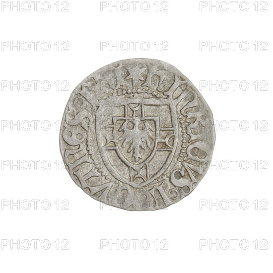 Teutonic szelag, Henryk Reuss von Plauen (Grand Master; 1467–1469). Obverse: monastic shield of the Grand Master; reverse: monastic shield. On the rim, between the pearl borders, the inscription. In the rim between the pearl borders there is an inscription: 1467–1469. State of the Teutonic Order (1226–1525), Königsberg; coin; diameter 19.2 mm; weight 1.43 g; axis 170 degrees.
