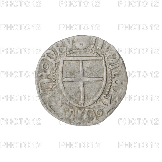 Teutonic szelag, Henryk Reuss von Plauen (Grand Master; 1467–1469). Obverse: monastic shield of the Grand Master; on the rim between the pearl borders the inscription. Reverse: monastic shield; in the rim between the pearl borders the inscription, 1467–1469. State of the Teutonic Order (1226–1525), Königsberg. Coin, diameter 19.2 mm, weight 1.43 g, axis 170°.