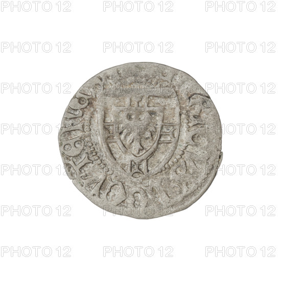 Teutonic szelag, Henryk Reuss von Plauen (Grand Master; 1467–1469). Obverse: Monastic shield of the Grand Master; on the rim between the pearl borders an inscription. Reverse: Monastic shield; in the rim between the pearl borders an inscription. Date inscribed: 1467–1469. State of the Teutonic Order (1226–1525), Königsberg. Coin; diameter 19.7 mm, weight 1.37 g, axis 240°. R6 (rarity). Teutonic Knights (order).