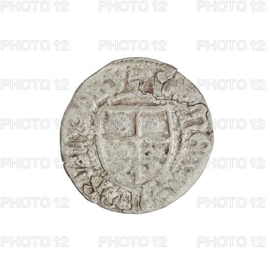 Teutonic szelag, Henryk Reuss von Plauen (Grand Master; 1467–1469). Monastic shield of the Grand Master (iconographic), Teutonic shield (iconographic). R6 (rarity). Teutonic Knights (order). Obv.: Monastic shield of the Grand Master; on the rim, between the pearl borders, the inscription. Rev.: Monastic shield; in the rim between the pearl borders there is an inscription, 1467–1469. State of the Teutonic Order (1226–1525). Königsberg. Coin; diameter 19.7 mm, weight 1.37 g, axis 240°.
