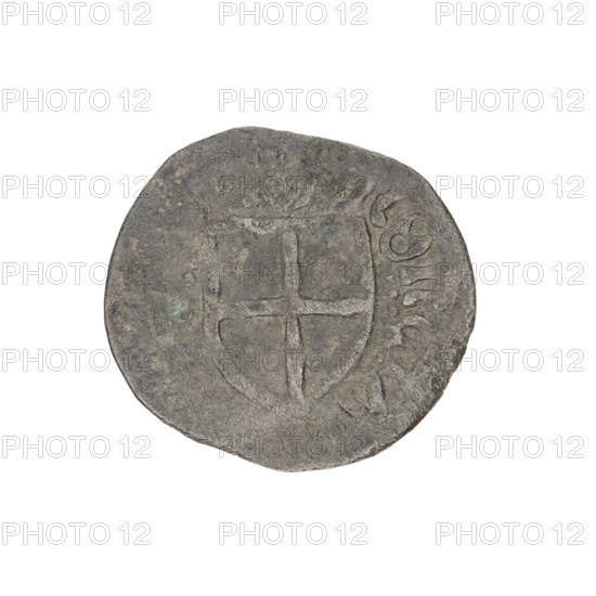 Teutonic szelag, Henryk Reffle von Richtenberg (Grand Master; 1470–1477). Obverse: Teutonic shield of the Grand Master; in the rim between the pearly borders, an inscription. Reverse: Teutonic shield; in the rim between the pearly borders, an inscription, 1470–1477. State of the Teutonic Order (1226–1525), Königsberg. Coin; diameter 20.9 mm, weight 1.36 g, axis 140°.
