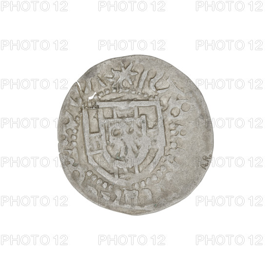 Teutonic szelag, Henryk Reffle von Richtenberg (Grand Master; 1470–1477); Teutonic shield (iconographic), monastic shield of the Grand Master (iconographic); AR punch (twice on the obverse); Teutonic Knights (order). Obverse: monastic shield of the Grand Master; on the rim, between the pearl borders, an inscription. Reverse: monastic shield; in the rim between the pearl borders there is an inscription. Date: 1470–1477. State of the Teutonic Order (1226–1525); Königsberg. Coin: diameter 20 mm; weight 1.23 g; axis 180 degrees.