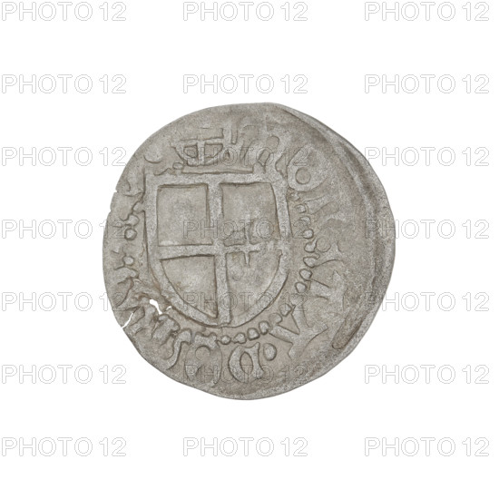 Teutonic szelag, Henryk Reffle von Richtenberg (Grand Master; 1470–1477); Teutonic shield (iconographic); monastic shield of the Grand Master (iconographic); AR punch (twice on the obverse); Teutonic Knights (order). Obverse: monastic shield of the Grand Master; on the rim, between the pearl borders, an inscription. Reverse: monastic shield; in the rim between the pearl borders there is an inscription. Date: 1470–1477. State of the Teutonic Order (1226–1525), Königsberg. Coin; diameter 20 mm; weight 1.23 g; axis 180°.