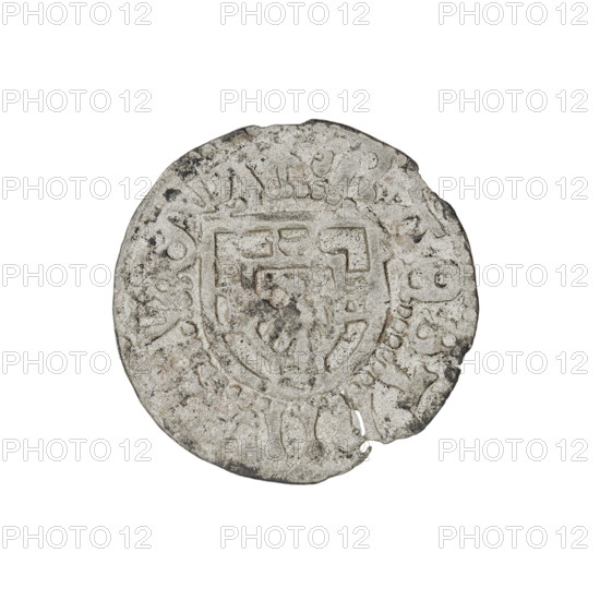 Teutonic szelag, Henryk Reffle von Richtenberg (Grand Master; 1470–1477), Teutonic shield of the Grand Master (iconographic), Teutonic shield (iconographic), Teutonic Knights (order). Obv.: Teutonic shield of the Grand Master; on the rim, between the pearly borders, an inscription. Rev.: Teutonic shield; on the rim, between the pearly borders, an inscription, 1470–1477. State of the Teutonic Order (1226–1525), Königsberg; coin, dia. 20.5–20.6 mm, weight 1.25 g, axis 0°.