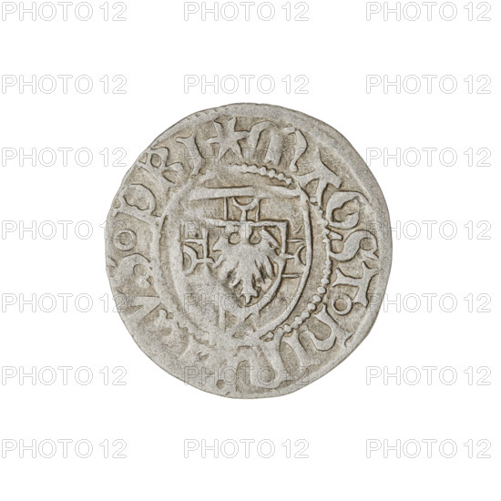 Teutonic szelag, Henryk Reuss von Plauen (1469–1470), Teutonic shield (iconographic), monastic shield of the Grand Master (iconographic), R6 (rarity), Teutonic Knights (order). Obv. Monastic shield of the Grand Master. On the rim, between the pearly borders, an inscription. Rev. Monastic shield. On the rim, between the pearly borders, an inscription. 1469–1470, State of the Teutonic Order (1226–1525), Königsberg; coin; dia. 19.7 mm; weight 1.26 g; axis 340°.