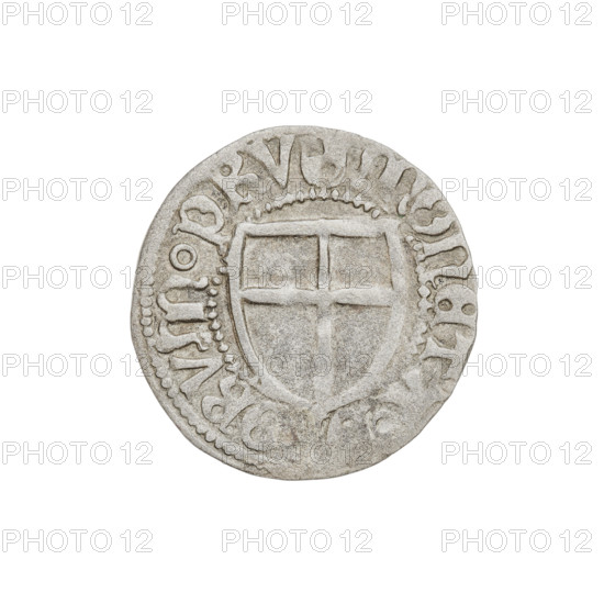 Teutonic szelag, Henryk Reuss von Plauen (1469–1470), Teutonic shield (iconographic), monastic shield of the Grand Master (iconographic), R6 (rarity), Teutonic Knights (order). Obv.: Monastic shield of the Grand Master; on the rim, between the pearly borders, an inscription. Rev.: Monastic shield; on the rim, between the pearly borders, an inscription. 1469–1470. State of the Teutonic Order (1226–1525), Königsberg. Coin, dia. 19.7 mm, weight 1.26 g, axis 340°.