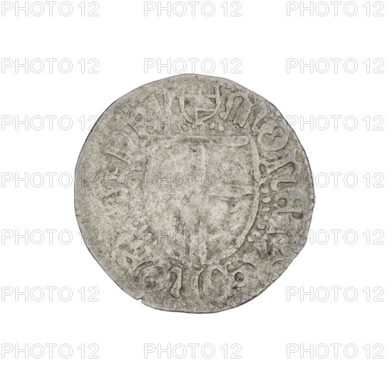 Teutonic szelag, Henryk Reffle von Richtenberg (Grand Master, 1470–1477); obverse: monastic shield of the Grand Master, on the rim between pearly borders an inscription; reverse: monastic shield, on the rim between pearly borders an inscription; date 1470–1477; State of the Teutonic Order (1226–1525), Königsberg; coin; diameter 20.7 mm; weight 1.26 g; axis 30°.