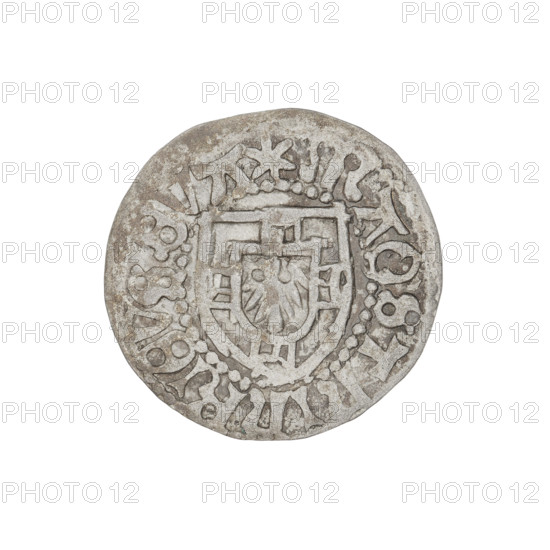 Teutonic szelag, Henryk Reffle von Richtenberg (Grand Master; 1470–1477). Obverse: monastic shield of the Grand Master; on the rim between the pearly borders, an inscription. Reverse: monastic shield; on the rim between the pearly borders, an inscription. Date: 1470–1477. State of the Teutonic Order (1226–1525), Königsberg. Coin. Diameter 20.8 mm, weight 1.42 g, axis 180°.