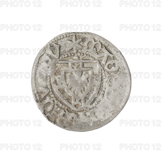 Teutonic szelag, Henryk Reffle von Richtenberg (Grand Master; 1470–1477). Obverse: point above the shield (iconographic), Teutonic shield (iconographic), monastic shield of the Grand Master; in the rim between the pearl borders, an inscription. Reverse: monastic shield; in the rim between the pearl borders, an inscription. Date: 1470–1477. State of the Teutonic Order (1226–1525), Königsberg. Coin: diameter 20.4 mm, weight 1.64 g, axis 45°.