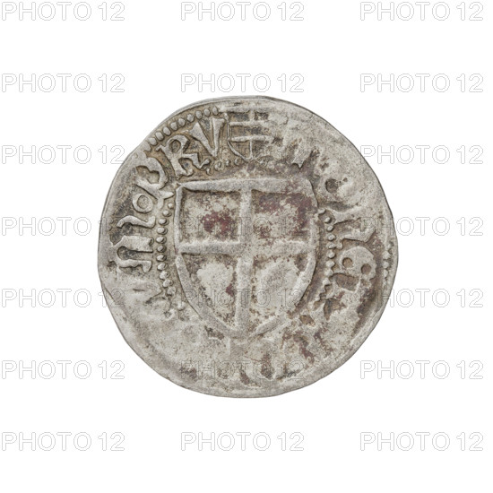 Teutonic szelag, Henryk Reffle von Richtenberg (Grand Master; 1470–1477). Obverse: monastic shield of the Grand Master, point above the shield (iconographic); inscription in the rim between the pearl borders. Reverse: monastic shield; inscription in the rim between the pearl borders. Date: 1470–1477. Issuer: State of the Teutonic Order (1226–1525), Königsberg. Coin; diameter 20.4 mm; weight 1.64 g; axis 45°.