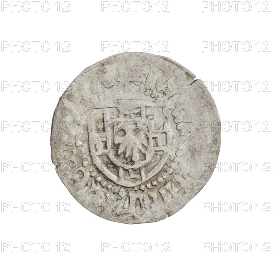 Teutonic szelag, Henryk Reffle von Richtenberg (Grand Master; 1470–1477). Obverse: Teutonic shield of the Grand Master; inscription in the rim between pearly borders. Reverse: Teutonic shield; inscription in the rim between pearly borders, 1470–1477. State of the Teutonic Order (1226–1525), Königsberg. Coin; diameter 21 mm, weight 1.31 g, axis 210°.
