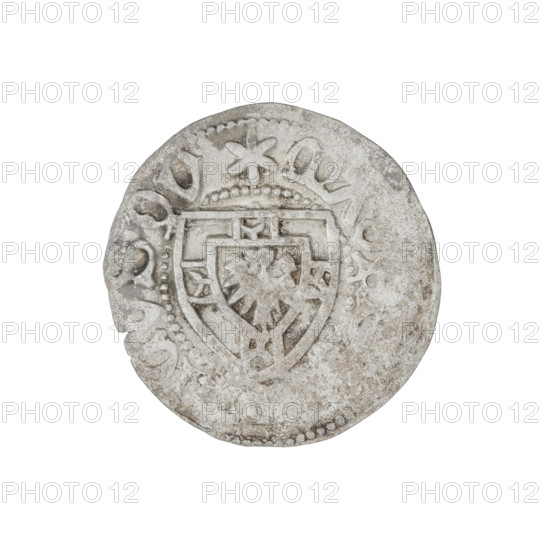 Teutonic szelag, Henryk Reffle von Richtenberg (Grand Master; 1470–1477). Obverse: Teutonic shield of the Grand Master; in the rim, between the pearly borders, an inscription. Reverse: Teutonic shield; in the rim, between the pearly borders, an inscription. Date: 1470–1477. State of the Teutonic Order (1226–1525). Mint: Königsberg. Coin; diameter 21 mm; weight 1.44 g; axis 330°.