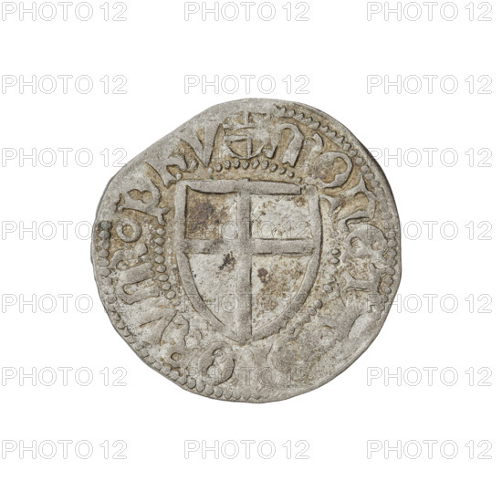 Teutonic szelag, Henryk Reffle von Richtenberg (Grand Master; 1470–1477). Obverse: Teutonic Knights' shield (iconographic). Reverse: Teutonic shield (iconographic). Inscriptions on the rim between the pearly borders. Date: 1470–1477. Issuer: State of the Teutonic Order (1226–1525), Königsberg. Coin, diameter 20.8 mm, weight 1.58 g, axis 330°.